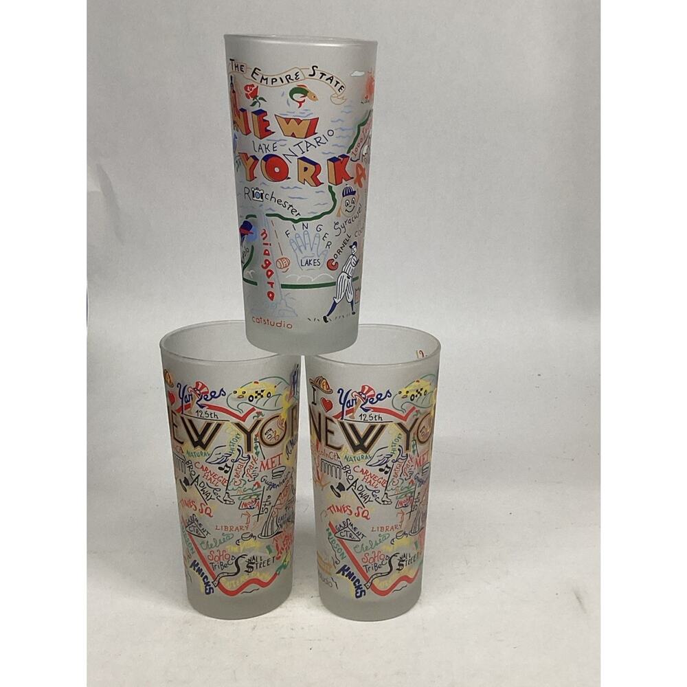 Set Of 3 Catstudio New York Frosted Glass Tumblers - Made In Thailand